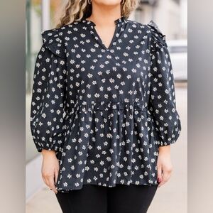 Women's Black & Floral Peplum Blouse with Puff Sleeves 2x / 3x